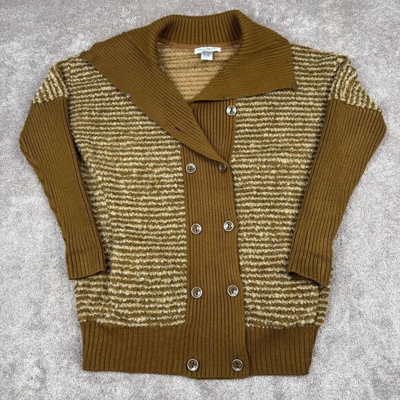 Lilly McKay Sweaters - Brown Tan Knit Cardigan Sweater Size L Bouclé Striped Lilly McKay Retro